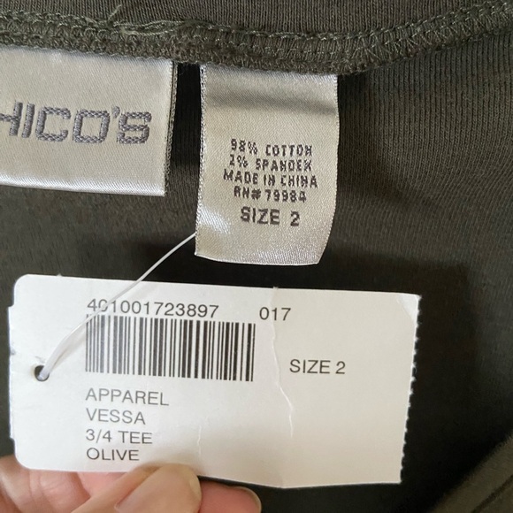 Chico's Vessa Olive V-Neck 3/4 Sleeve Top NWT size 2 , Cotton - Picture 4 of 4